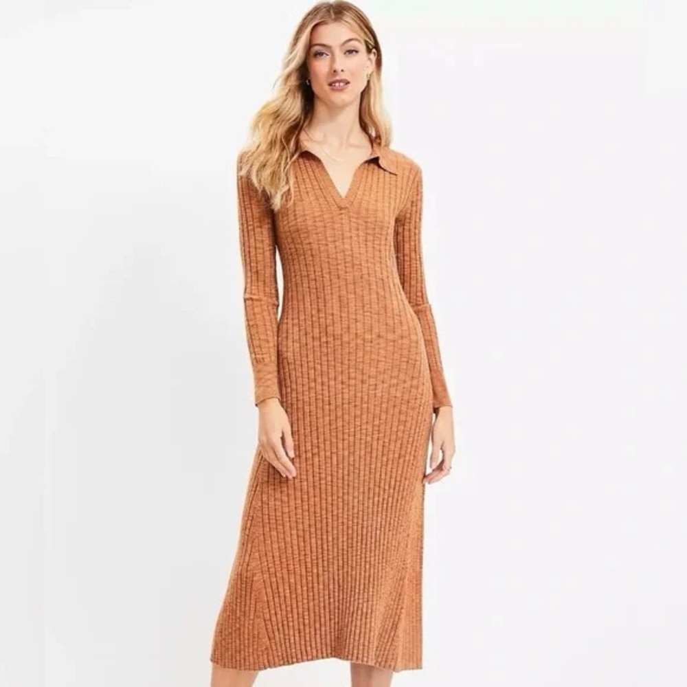 LOFT Ribbed Polo Midi Sweater Dress brown size XL‎